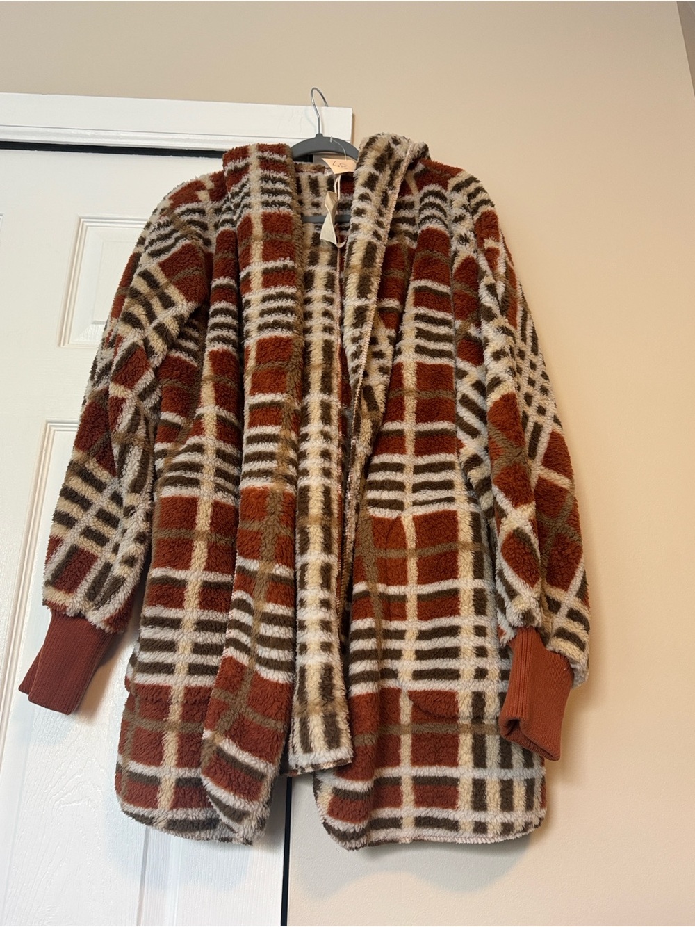 Hem & Thread Rust Plaid Hooded Teddy Bear Fleece Jacket